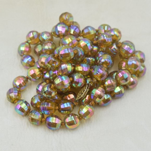 Sterling Amber Aurora Borealis Necklace AB Crystal Bead 44 1/2" - Picture 7 of 12